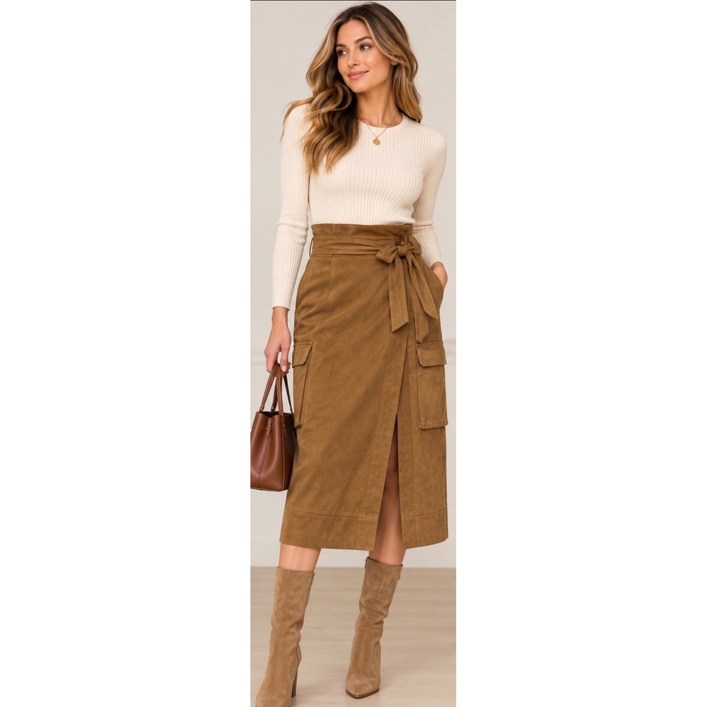Zara Faux Suede Paperbag Waist Midi Skirt Camel Tan Cargo Pocket XS